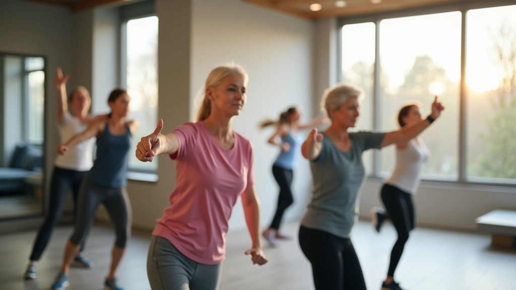 Active seniors exercising together in modern fitness studio with natural light