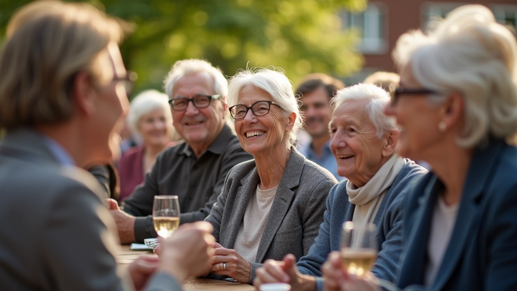 Community group of diverse seniors socializing at outdoor event with smiling faces