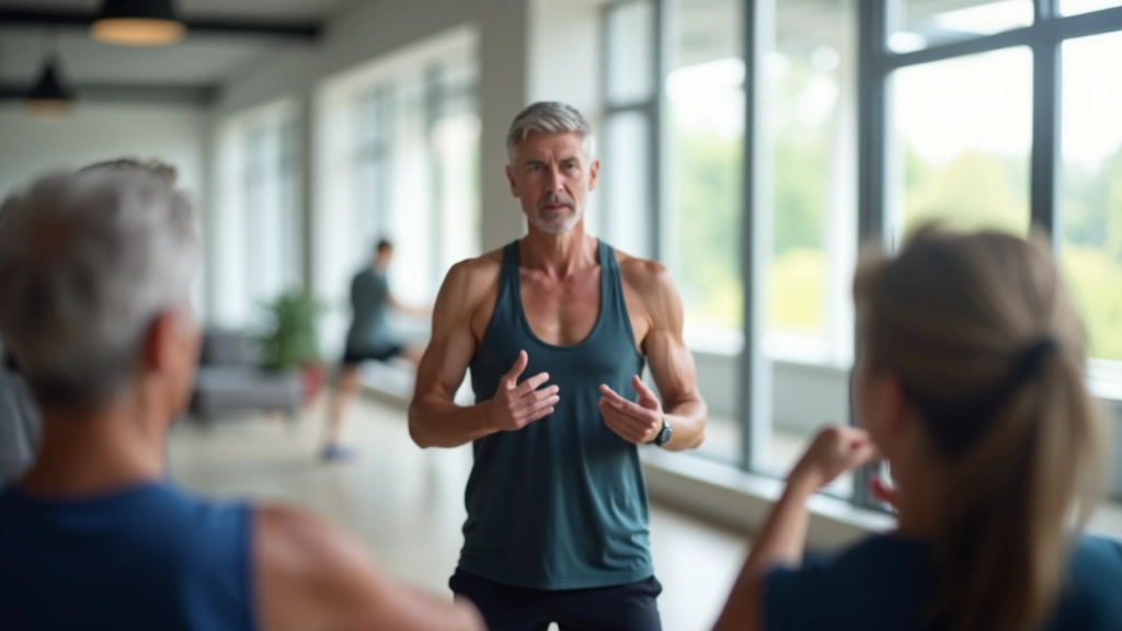 Group of senior women in colorful workout clothes participating in a fitness class, instructor demonstrating movement at front of studio