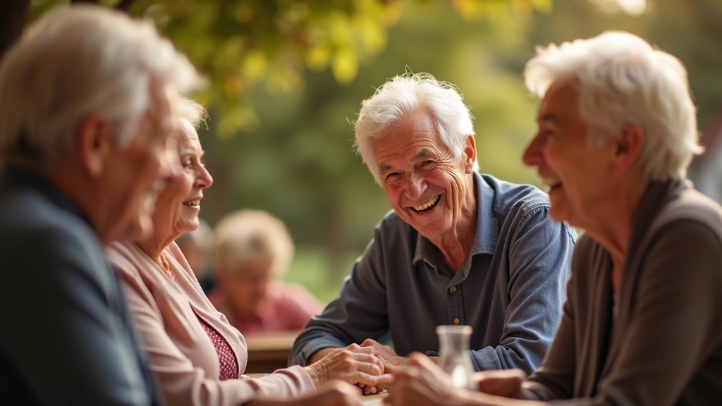 Group of older adults laughing together during a social gathering or activity session