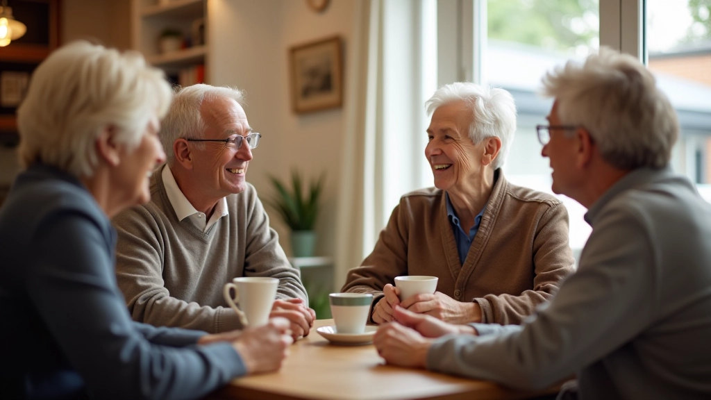 Retirees enjoying social gathering and conversation at community cafe