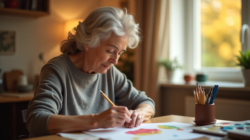 Mature adult enjoying hobby at home with creative materials and natural light
