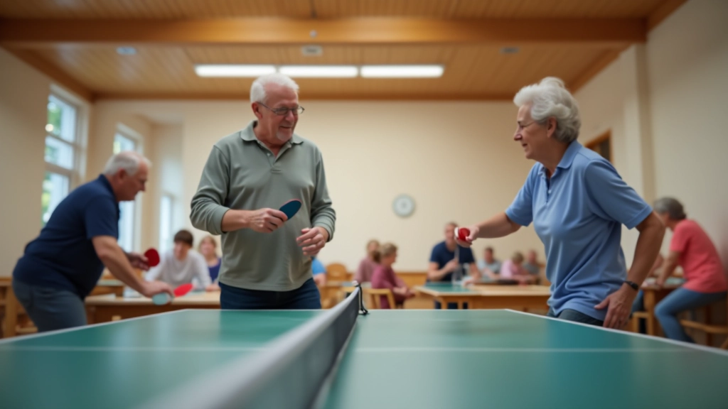 Seniors playing table tennis in a bright recreation room with tables and equipment visible