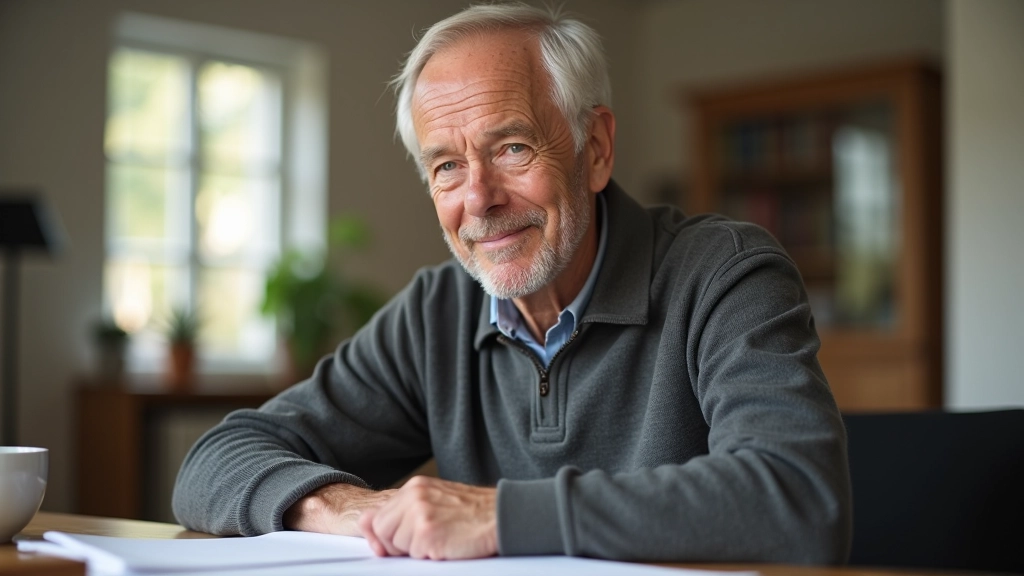 Older man reviewing documents and financial papers at home, planning for retirement