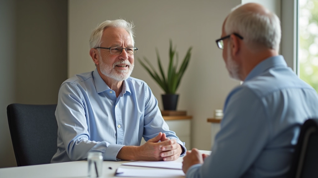 Mature professional discussing retirement planning with advisor at desk
