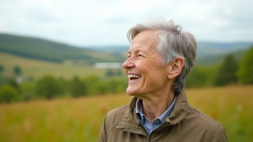 Mature woman enjoying outdoor activities in Estonia, smiling while looking at scenic landscape during retirement