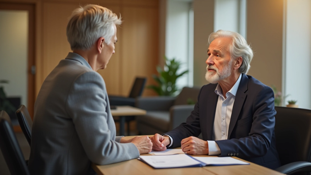 Seniors in professional setting discussing retirement planning with advisor