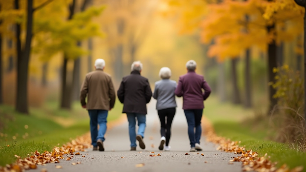 Group of seniors walking together on a scenic park path, autumn leaves on trees, natural light filtering through canopy