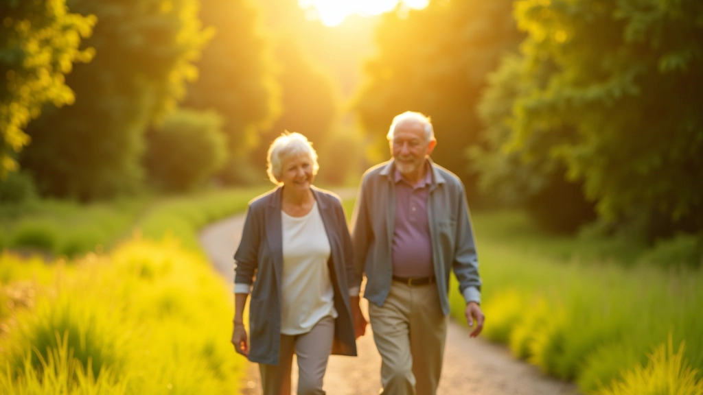 Mature adults enjoying active lifestyle outdoors, walking in nature with positive expressions