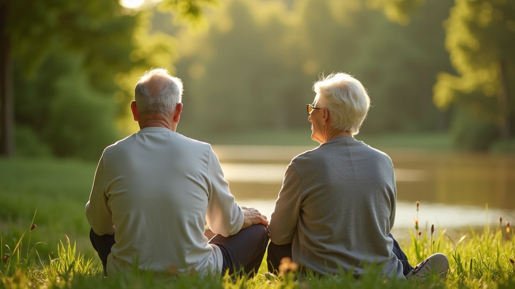 Retired couple enjoying a peaceful moment outdoors in Estonia, relaxing in natural setting with forest and water