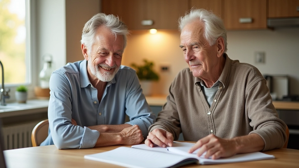 Senior couple planning calendar together at home, discussing retirement activities and schedule