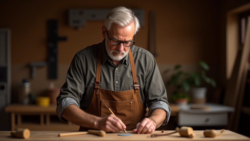 Senior man working on hobby project at home workshop with focused concentration and creative satisfaction