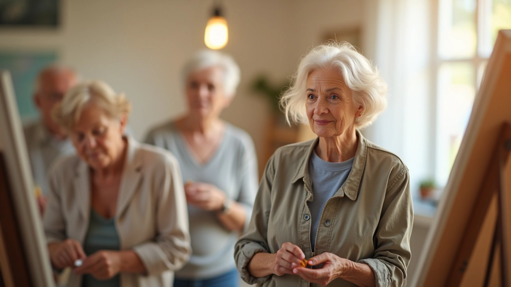 Active senior woman attending community art class with other retirees in bright creative studio space