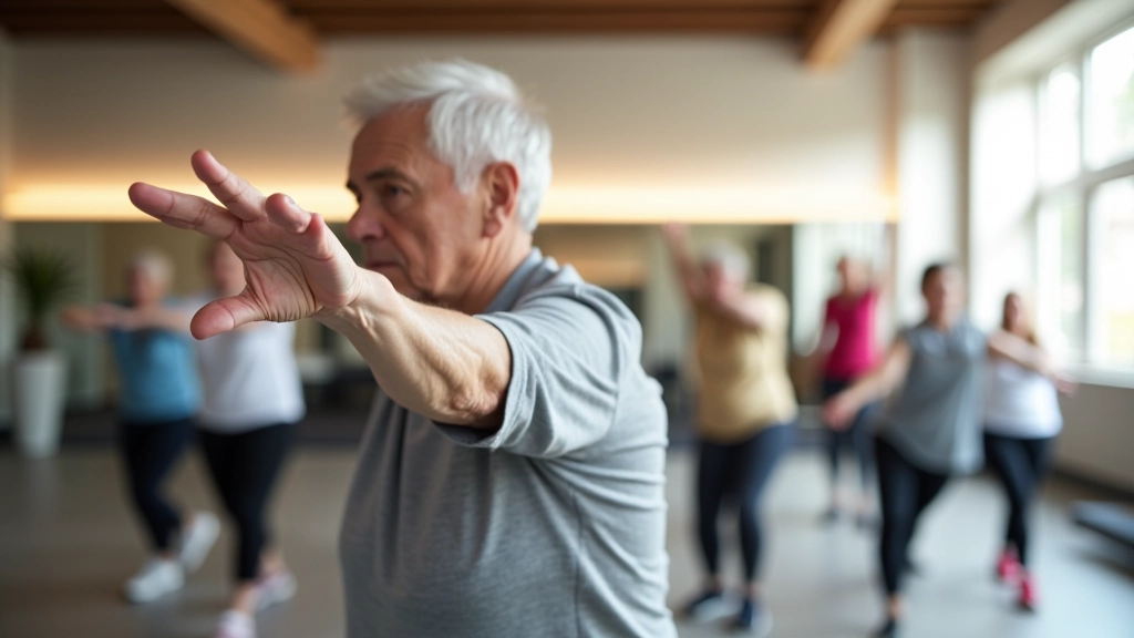 Seniors exercising in a modern fitness studio with natural light, diverse age group doing stretching exercises together