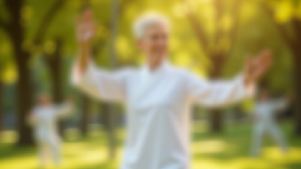 Wellness instructor leading tai chi session outdoors in a park, seniors in formation following movements with natural scenery background